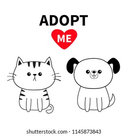 Adopt me. Contour sitting dog cat silhouette. Red heart. Pet adoption. Kawaii animal. Cute cartoon pooch character. Funny baby puppy kitten. Help homeless animal Flat design. White background Vector