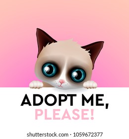 Adopt me, cute cartoon character, help animal concept, pet adoption, vector illustration.