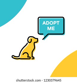 Adopt Me Design Poster With Dog. Vector Don’t Buy Banner. Colorful Linear Pictogram Banner Showing Pet Adoption, Homeless Animals Help. Linear Icon Illustration With Speech Bubble On Background