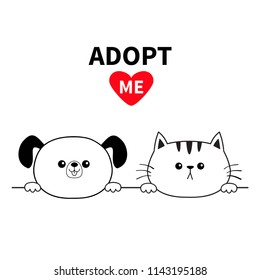 Adopt me Dog Cat head face . Hands paw holding line. Pet adoption. Help homeless animal Funny baby set. Cute cartoon puppy kitten character. Flat design. White background Vector illustration