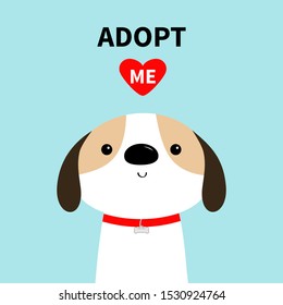 Adopt me. Dog face head. Red collar. White puppy pooch. Cute cartoon kawaii funny baby character. Flat design style. Help homeless animal concept. Pet adoption. Blue background. Isolated. Vector