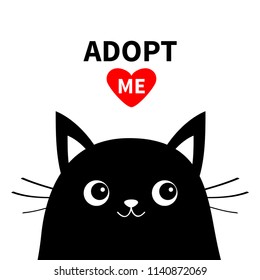 Adopt me. Dont buy. Black cat face silhouette. Red heart. Pet adoption. Kawaii animal. Cute cartoon kitty character. Funny baby kitten Help homeless animal Flat design White background Isolated Vector