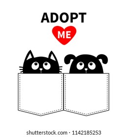 Adopt me. Don't buy. Dog and Cat in the pocket. Pet adoption. Puppy pooch kitty cat looking up to red heart. Flat design. Help homeless animal concept. White background. Isolated. Vector illustration