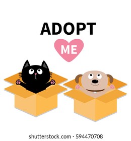 Adopt Me. Dont Buy. Dog Cat Inside Opened Cardboard Package Box. Ready For A Hug. Puppy Pooch Kitten Cat Looking Up To Pink Heart. Pet Adoption Flat Design Help Animal Concept White Background. Vector