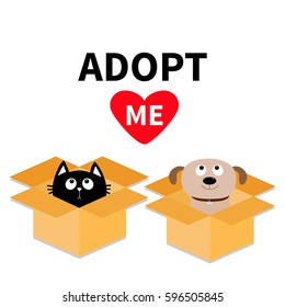 Adopt Me. Dont Buy. Dog Cat Inside Opened Cardboard Package Box. Pet Adoption. Puppy Pooch Kitty Cat Looking Up To Red Heart. Flat Design. Help Homeless Animal Concept White Background Isolated Vector