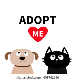 Adopt me. Dont buy. Dog Cat Pet adoption. Puppy pooch kitty cat looking up to red heart. Flat design. Help homeless animal concept. White background. Isolated. Vector illustration