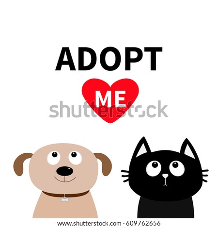 Adopt me. Dont buy. Dog Cat Pet adoption. Puppy pooch kitty cat looking up to red heart. Flat design. Help homeless animal concept. White background. Isolated. Vector illustration