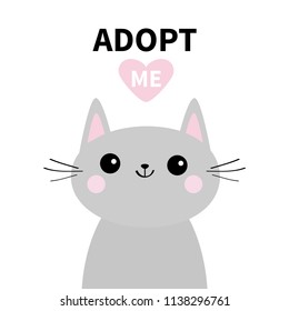 Adopt me. Dont buy. Gray cat silhouette. Pink heart. Pet adoption. Kawaii animal. Cute cartoon kitty character. Funny baby kitten. Help homeless animal Flat design White background Vector illustration