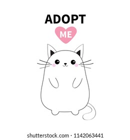 Adopt me. Dont buy. White contour cat silhouette. Red heart. Pet adoption. Kawaii animal. Cute cartoon kitty character. Funny baby kitten. Help homeless animal Flat design White background Vector