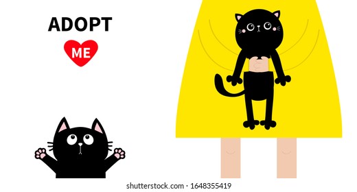 Adopt me. Girl holding black kitten. Cute cartoon funny baby chatacter. Hanging body paw print, tail. Reaching for hug. et collection. Kawaii animal. PFlat design. White background. Isolated. Vector