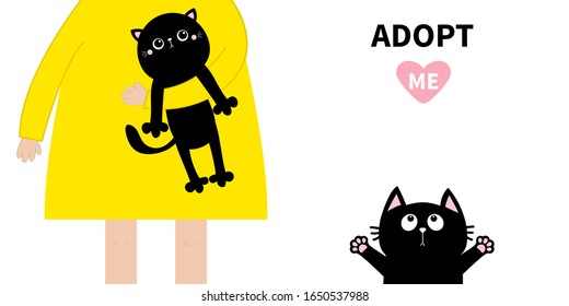 Adopt me. Girl holding cat kitten. Cute cartoon funny baby chatacter. Hanging body paw print, tail. Reaching for hug. Kawaii black animal. Pet collection. Flat design. White background. Vector
