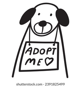 Adopt me. Homeless dog need help. Outline vector illustration. Badge. Black color.