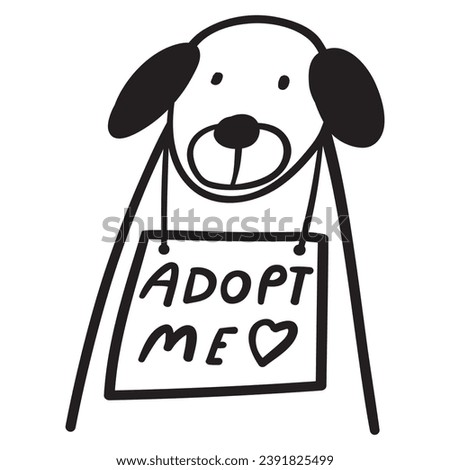 Adopt me. Homeless dog need help. Outline vector illustration. Badge. Black color.