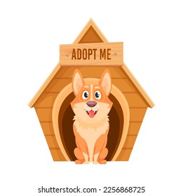 Adopt me icon, dog pet and doghouse kennel, friendly vector animal. Adopt me emblem for lost or abandoned pets shelter or dogs house, take home and rescue sign for dogs adoption