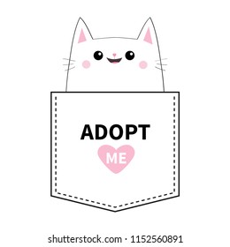 Adopt me. Kitten sitting in the pocket. Pink heart. Cute cartoon animals. Cat kitty character. Dash line. Pet animal collection. T-shirt design Baby background Isolated Flat design Vector illustration