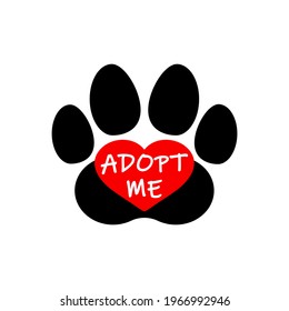 Adopt me lettering. Heart and paw print. Vector clipart and drawing. Isolated illustration on white background.