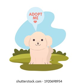 adopt me lettering in speech bubble of cute dog vector illustration design