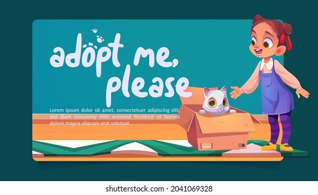 Adopt me poster with cute cat in cardboard box and happy girl. Concept of adoption homeless animals. Vector banner with cartoon illustration of child greeting white kitty in carton box