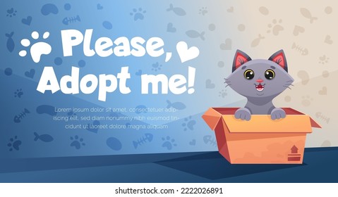 Adopta mi afiche con un gato lindo en una caja de cartón. Plantilla de banner de vector colorido con ilustración de caricatura de gatito gracioso para afiche de concepto de adopción, publicación de medios sociales, promoción de refugio