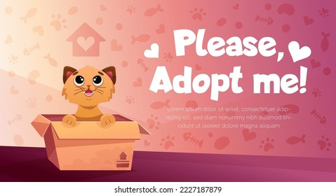 Adopta mi afiche con un gato lindo en una caja de cartón. Plantilla de banner de vector colorido con ilustración de caricatura de gatito gracioso para afiche de concepto de adopción, publicación de medios sociales, promoción de refugio