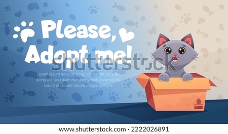 Adopt me poster with cute cat in cardboard box. Colorful vector banner template with cartoon illustration of funny kitten for adoption concept poster, social media post, shelter promotion