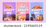 Adopt me posters with cute homeless cats in pet shelter. Funny fluffy kittens lying on pillow, sitting in cardboard box, entangled in yarn, vector cartoon illustrations for animal adoption banners