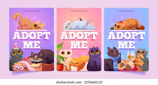 Adopt me posters with cute homeless cats in pet shelter. Funny fluffy kittens lying on pillow, sitting in cardboard box, entangled in yarn, vector cartoon illustrations for animal adoption banners