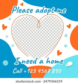 Adopt me square frame. Pet shelter, adoption center social media post template with vivid colors and heart shaped space for photo. Animal adoption advertisement banner. Pet care promotional poster