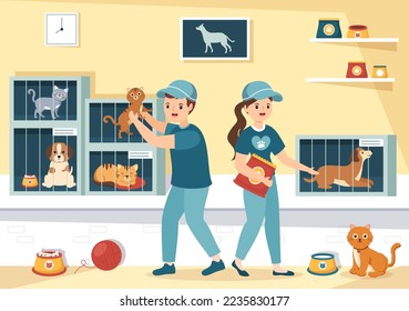 Adopt a Pet From an Animal Shelter in the Form of Cats or Dogs to Care for and Look After in Flat Cartoon Hand Drawn Templates Illustration