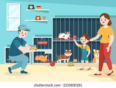 Adopt a Pet From an Animal Shelter in the Form of Cats or Dogs to Care for and Look After in Flat Cartoon Hand Drawn Templates Illustration