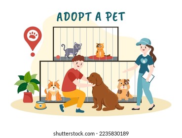 Adopt a Pet From an Animal Shelter in the Form of Cats or Dogs to Care for and Look After in Flat Cartoon Hand Drawn Templates Illustration