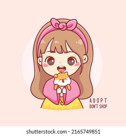 Adopt A Pet Concept With Cute Kawaii Girl And Dog Shiba Inu Cartoon 