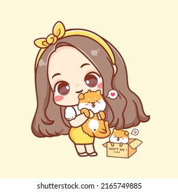 Adopt A Pet Concept With Cute Kawaii Girl And Dog Cartoon 