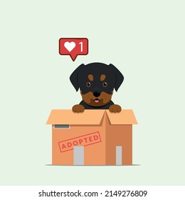 Adoptar la ilustración del concepto de mascota. Rescate de perros, protección, concepto de adopción. Volante, plantilla de afiches. Cute cachorro rottweiler en una caja.