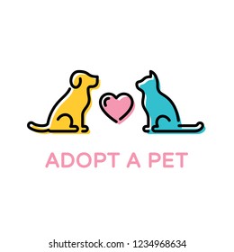 Adopt A Pet Design Poster With Dog And Cat. Vector Don’t Buy Banner. Color Linear Pictogram Banner Showing Animal Adoption, Homeless Help. Linear Icon Illustration With Heart On Background