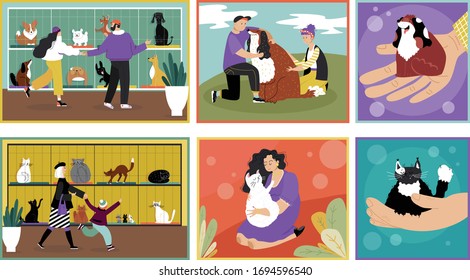 Adopt pet, dog or cat vector illustration. Cartoon happy couple characters, family people rescue, love and hug, adopting cute kitten puppy in animal shelter. Flat adoption homeless pet banner set