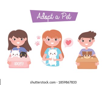 adopt a pet, happy boy and girls with dog and cat cartoon vector illustration