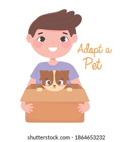 adopt a pet, happy boy with puppy in the box vector illustration