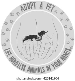 Adopt a pet. Life homeless animals in your hands. Hand-drawn dog and cat in hands/Pet adoption concept. A poster on the topic of adoption with a puppy and a kitten