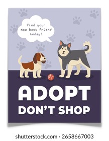 Adote pôster de animal de estimação com cães desenhados à mão bonitinhos. Abrigo animal promo flyer com cachorrinhos e bola de brinquedo. Bandeiras publicitárias de adoção de animais. Adote, não compre o conceito. Ilustração de vetor isolado plano.