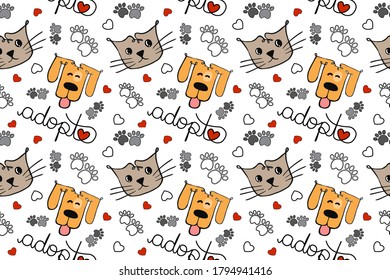 adoptar un patrón sin fisuras para mascotas, amor por perros y gatos fondo de fondo de fondo, diseño de línea de fondo blanco, ilustración vectorial