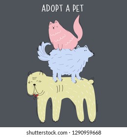 Adopt a pet from the shelter vector concept. Illustration with two dogs and a cat and a place for your text.