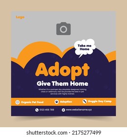 Adopt Pet shop social media promotion post banner design or pet care services flyer template and sitting, adoption, animals banner, paw print pattern illustration