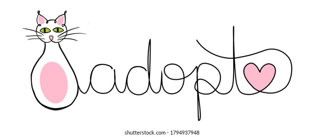 adoptar el diseño de arte de línea escrita a mano de texto para mascotas, adoptar un gato, escritura cursiva, aislado En fondo blanco, ilustración vectorial
