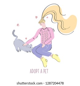  Adopt a pet vector illustration concept. Woman hugging an adopted cat from the shelter. Kitten and its new friend.