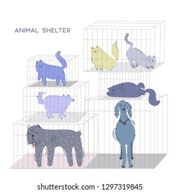 Adopt a pet vector illustration concept. Cats and dogs of different sizes in cages in the shelter is waiting for adoption.