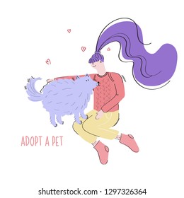 Adopt a pet vector illustration concept. Woman hugging an adopted dog from the shelter. 