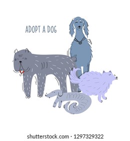 Adopt a pet vector illustration concept. Four dogs of different sizes in the shelter is waiting for adoption.