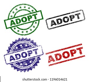 ADOPT seal prints with damaged surface. Black, green,red,blue vector rubber prints of ADOPT label with unclean surface. Rubber seals with round, rectangle, rosette shapes.