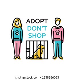 Adopt Don’t Shop design poster with dog in cage. Don’t Buy. Vector pictogram banner showing animal adoption, homeless help. Linear icon illustration with man and woman on background